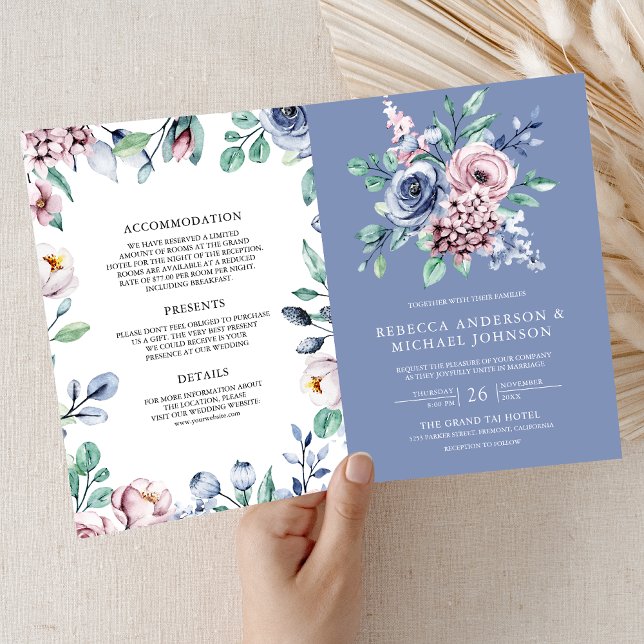 Invitation Mariage Code QR Floral Bleu Pervenche Poussiéreux  (Créateur téléchargé)