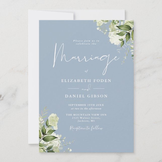 Invitation Mariage Code QR Floral Bleu Poussiéreux de Verdure (Devant)