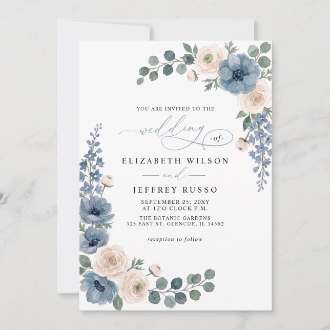 Invitation Mariage Code QR Floral Bleu Poussiéreux et Ivoire (Devant)