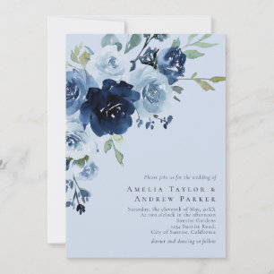 Invitation Mariage Code QR Floral Bleu Poussiéreux Rose Navy