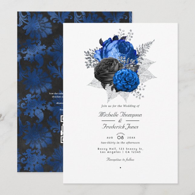 Invitation Mariage code QR floral bleu roi, noir et argent (Devant / Derrière)