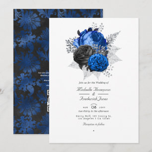 Invitation Mariage code QR floral bleu roi, noir et argent