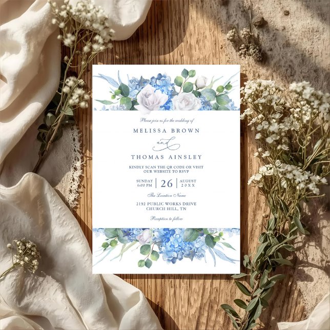 Invitation Mariage code QR floral bleu verdure Hydrangea (Créateur téléchargé)
