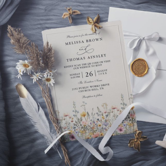 Invitation Mariage code QR floral bohème aquarelle fleurs sau (Créateur téléchargé)