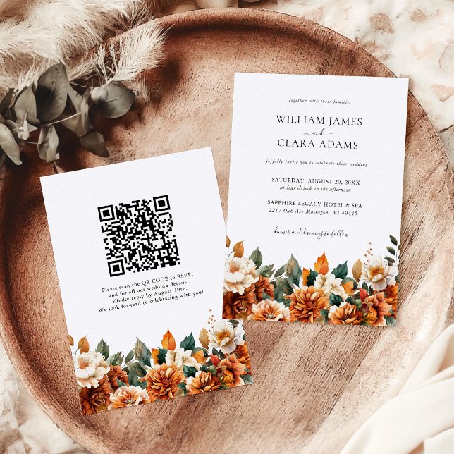 Invitation Mariage Code QR Floral Bohème Aquarelle Terracotta (Créateur téléchargé)