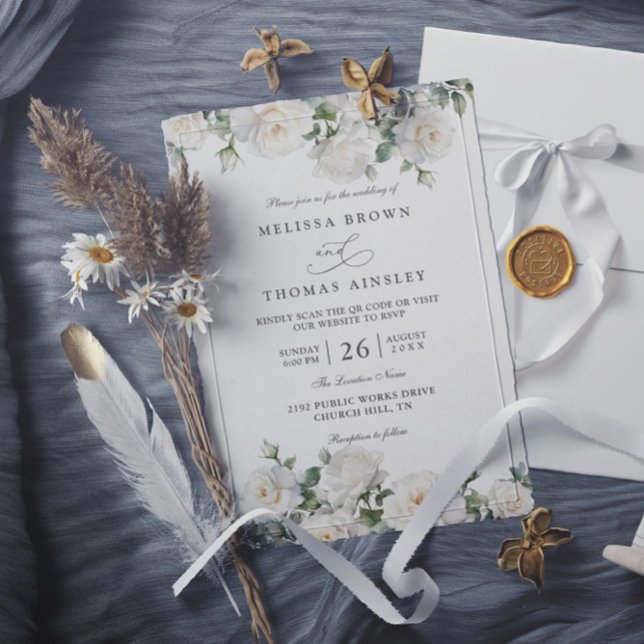 Invitation Mariage Code QR Floral Bohème Chic Roses Blanches  (Créateur téléchargé)