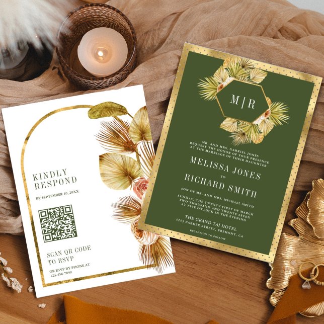 Invitation Mariage Code QR Floral Bohème Terreux Vert Olive (Créateur téléchargé)