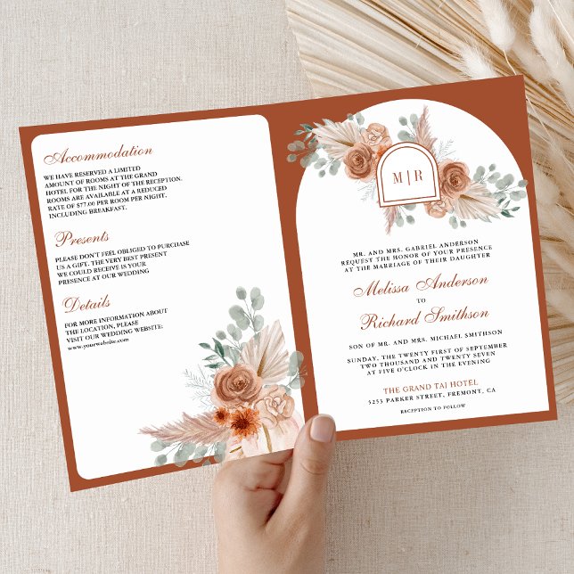 Invitation Mariage code QR floral Boho Pampas en terre cuite (Créateur téléchargé)