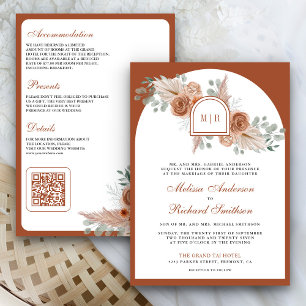 Invitation Mariage code QR Floral Boho Terracotta Pampas