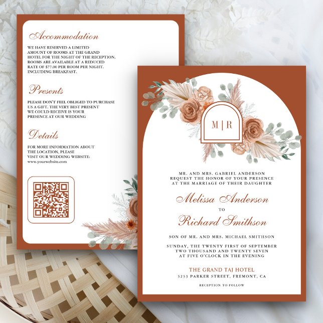 Invitation Mariage code QR Floral Boho Terracotta Pampas (Créateur téléchargé)