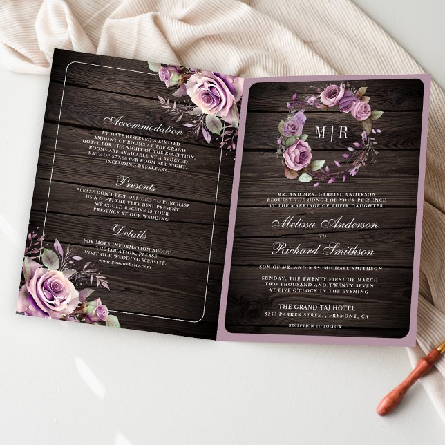 Invitation Mariage Code QR Floral Bois Rustique Violet Poussi (Créateur téléchargé)