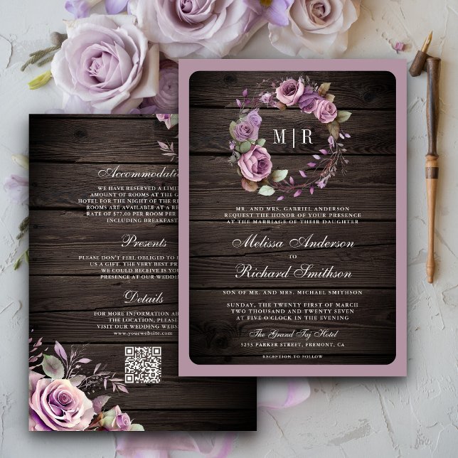 Invitation Mariage Code QR Floral Bois Rustique Violet Poussi (Créateur téléchargé)