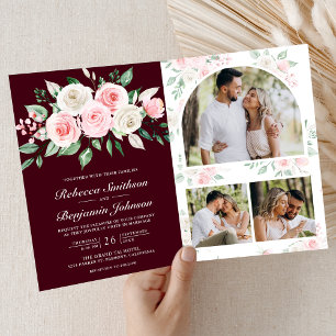 Invitation Mariage Code QR Floral Bordeaux Rose Clair