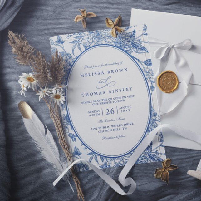 Invitation Mariage Code QR Floral Botanique Aquarelle Bleue (Créateur téléchargé)