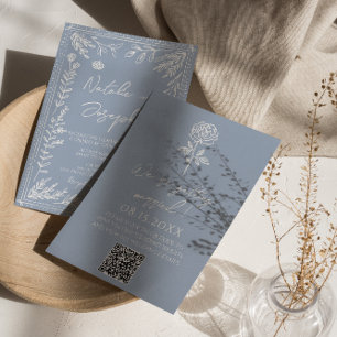 Invitation Mariage Code QR Floral Botanique Bleu Azur Bohème