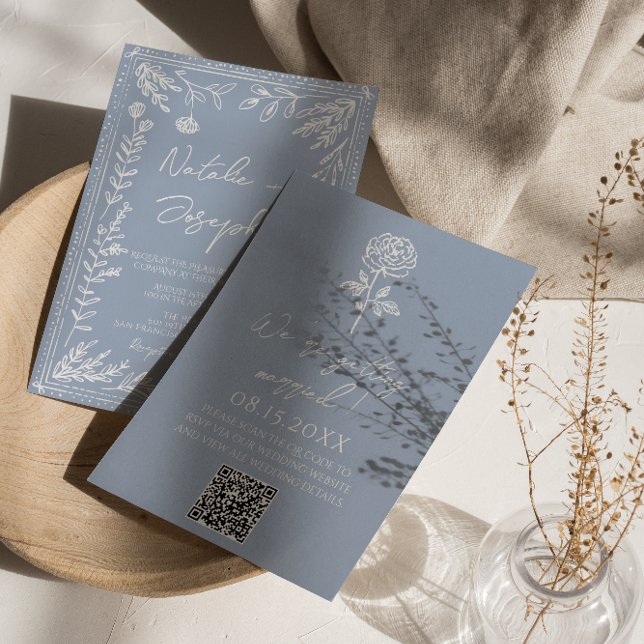 Invitation Mariage Code QR Floral Botanique Bleu Azur Bohème (Créateur téléchargé)