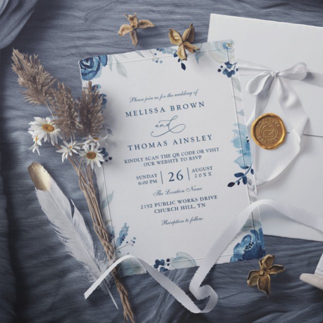 Invitation Mariage code QR floral botanique nuances de bleu  (Créateur téléchargé)