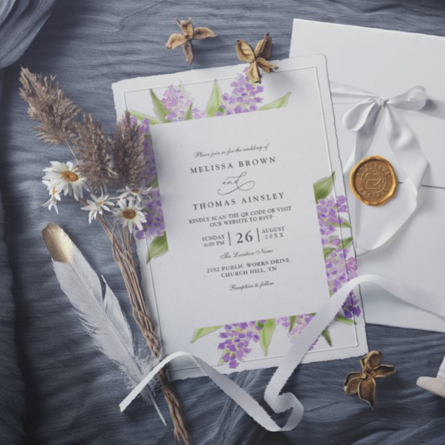 Invitation Mariage code QR floral bouquet de lilas aquarelle (Créateur téléchargé)