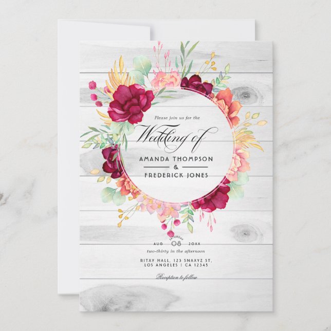 Invitation Mariage Code QR Floral Bourgogne et Rose Rustique (Devant)
