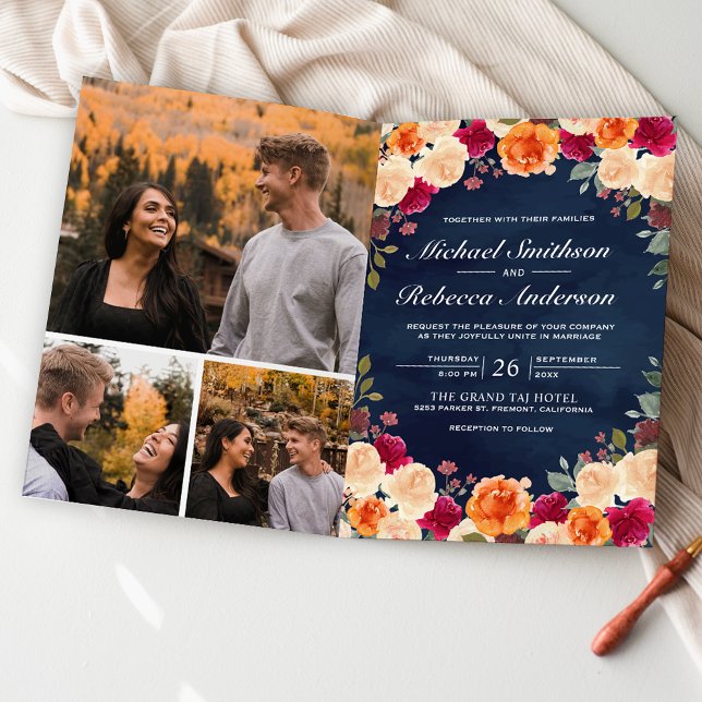 Invitation Mariage Code QR Floral Bourgogne Orange Brûlé Navy (Créateur téléchargé)