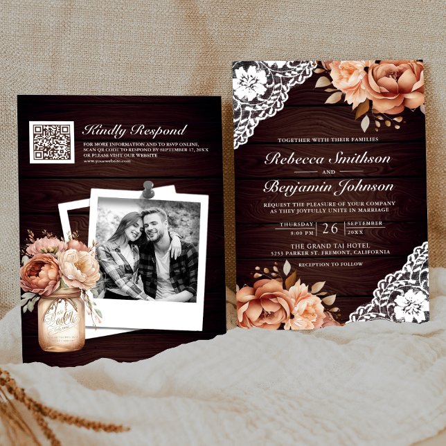 Invitation Mariage Code QR Floral Broderie Tomette Bois Rusti (Créateur téléchargé)