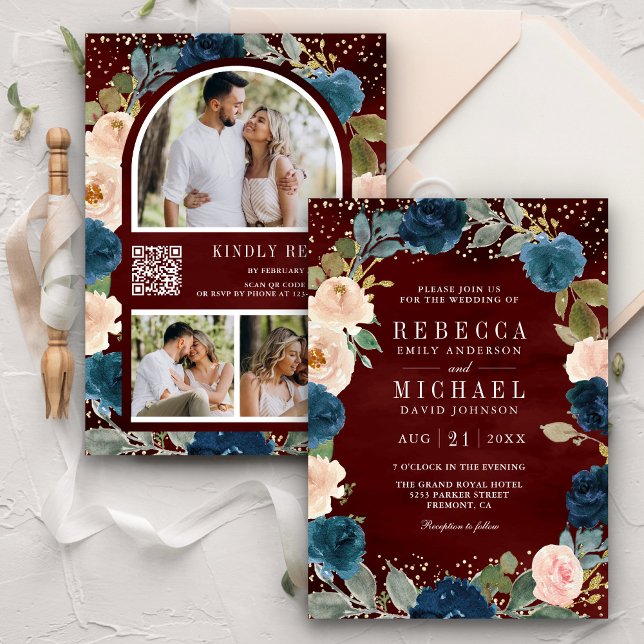 Invitation Mariage Code QR Floral Burgundy Bleu Nuit Peche (Créateur téléchargé)