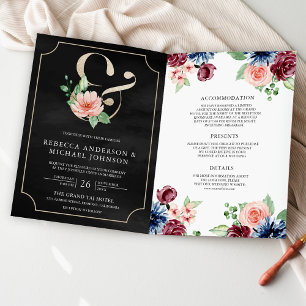 Invitation Mariage Code QR Floral Burgundy Marine Rouge