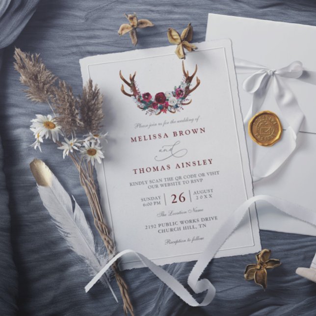 Invitation Mariage Code QR Floral Burgundy Romantique Andouil (Créateur téléchargé)