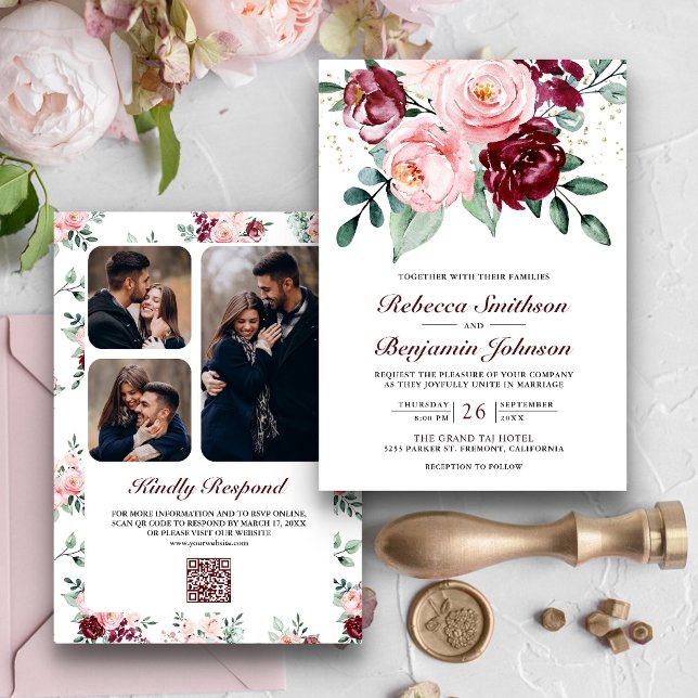 Invitation Mariage Code QR Floral Burgundy Rose Pâle Rustique (Créateur téléchargé)