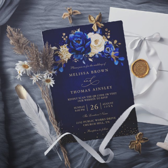 Invitation Mariage code QR floral chic bleu royal blanc or (Créateur téléchargé)