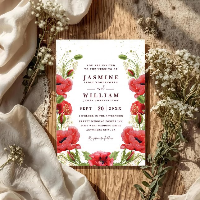 Invitation Mariage Code QR Floral Chic Pavots Rouges Fantaisi (Créateur téléchargé)