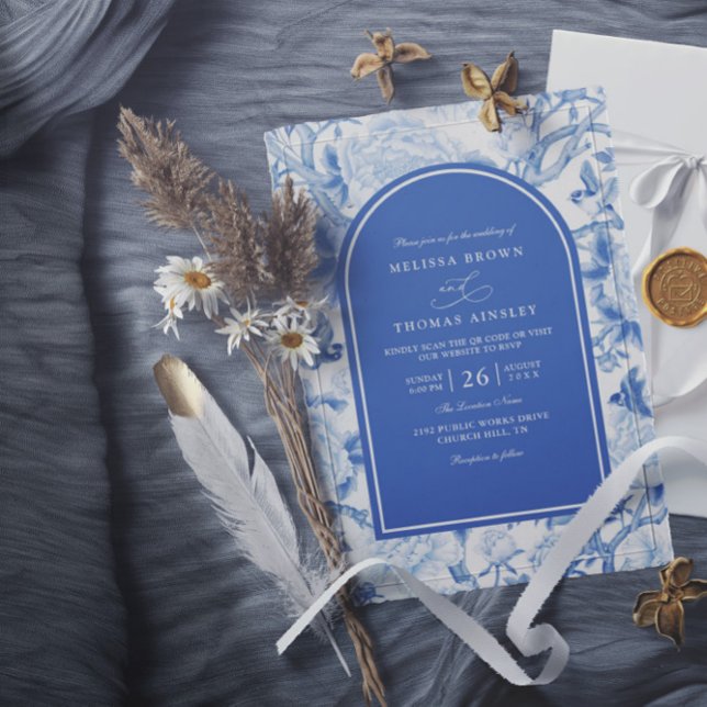 Invitation Mariage Code QR Floral Chinois Blanc Bleu Delft (Créateur téléchargé)