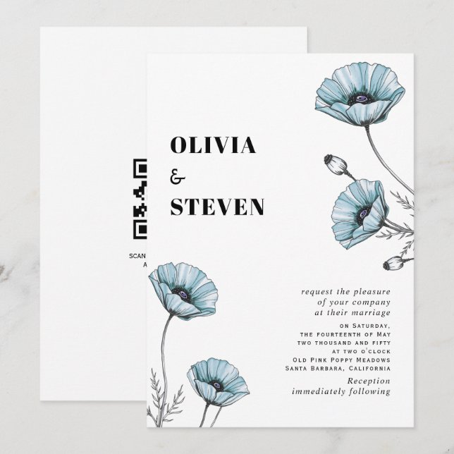 Invitation Mariage code QR floral de fleurs sauvages de pavot (Devant / Derrière)