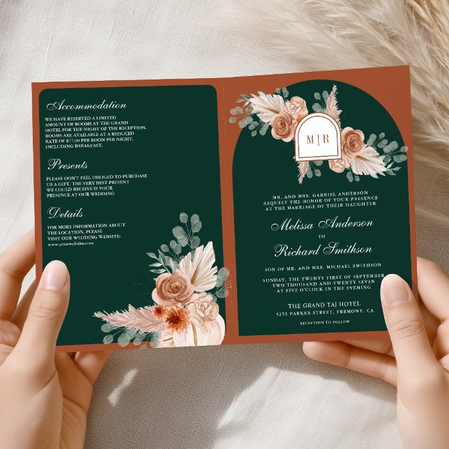 Invitation Mariage code QR floral de Pampas émeraude en terre (Créateur téléchargé)