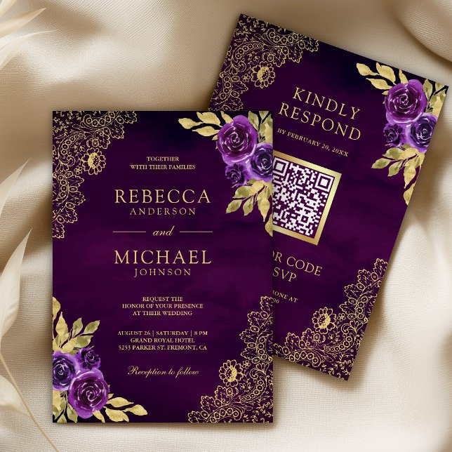 Invitation Mariage Code QR Floral Doré Violet Royal (Créateur téléchargé)