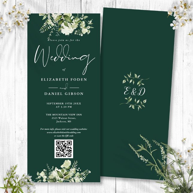 Invitation Mariage Code QR Floral Émeraude Verdure (Greenery Floral Emerald QR Code Wedding Invitation)