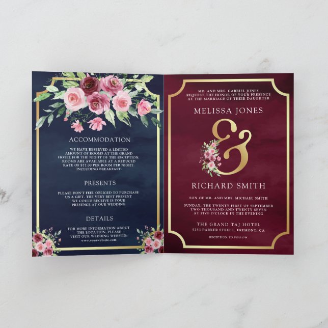 Invitation Mariage Code QR Floral Esperluette Rose Marsala Na (Intérieur)
