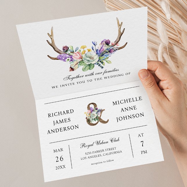 Invitation Mariage Code QR Floral Fleur de Boho Cerf (Créateur téléchargé)