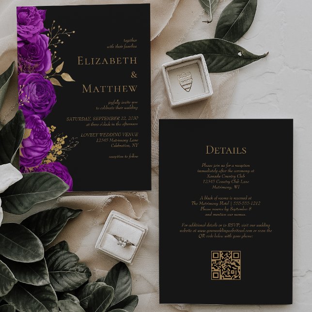 Invitation Mariage Code QR Floral Foncé Or Violet Romantique (Créateur téléchargé)