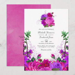 Invitation Mariage Code QR Floral Fuchsia et Violet Vintage