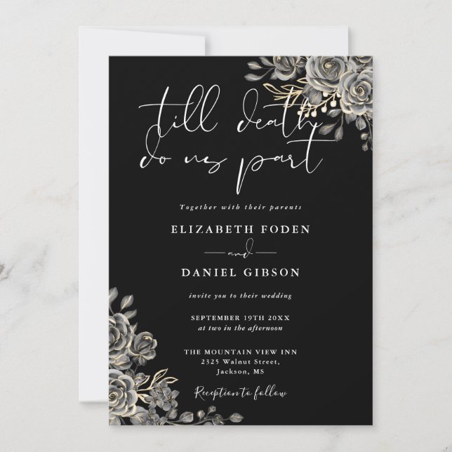 Invitation Mariage Code QR Floral Gothique Noir et Blanc (Devant)