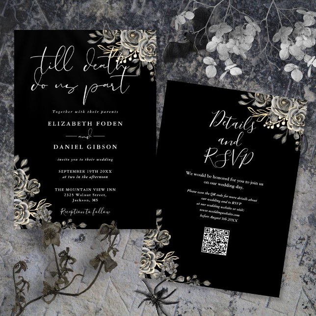 Invitation Mariage Code QR Floral Gothique Noir et Blanc (Black And White Gothic Floral QR Code Wedding Invitation)
