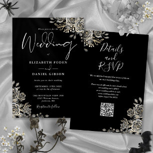 Invitation Mariage Code QR Floral Gothique Noir Et Blanc