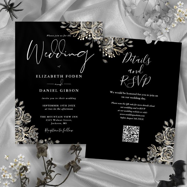 Invitation Mariage Code QR Floral Gothique Noir Et Blanc (Black And White Gothic Floral QR Code Wedding Invitation)