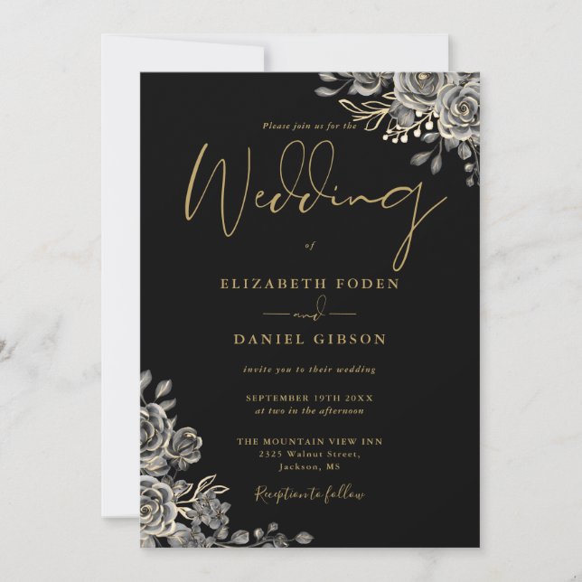 Invitation Mariage Code QR Floral Gothique Noir et Or (Devant)