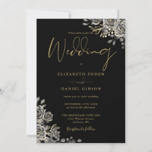 Invitation Mariage Code QR Floral Gothique Noir et Or