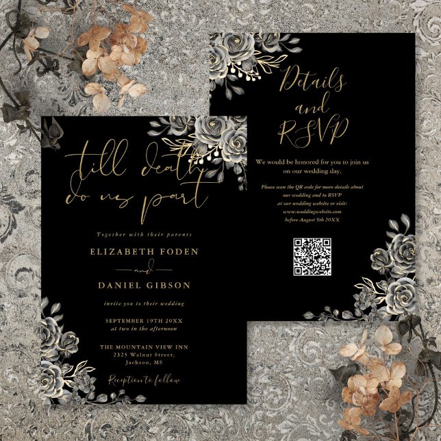 Invitation Mariage Code QR Floral Gothique Noir et Or (Black And Gold Gothic Floral QR Code Wedding Invitation)