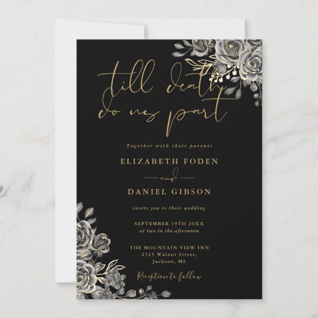 Invitation Mariage Code QR Floral Gothique Noir et Or (Devant)