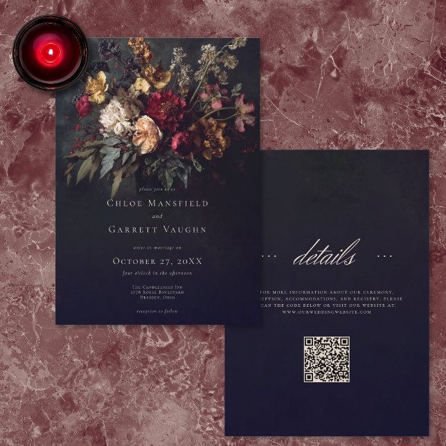 Invitation Mariage Code QR Floral Gothique Sombre Romantique  (Créateur téléchargé)