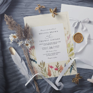 Invitation Mariage code qr floral herbe boho aquarelle séchée